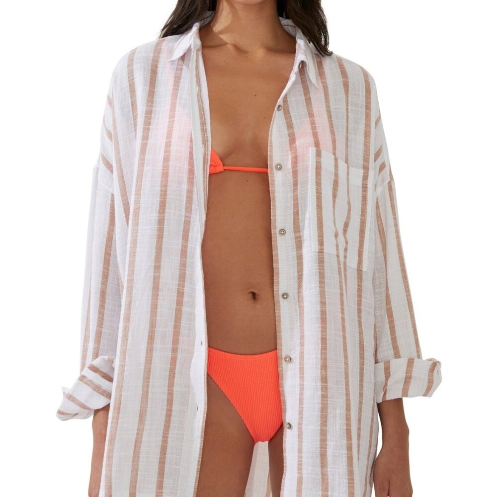 Cotton On Women’s Striped Swing Beach Cover-Up Shirt Multi Button Down Oversized